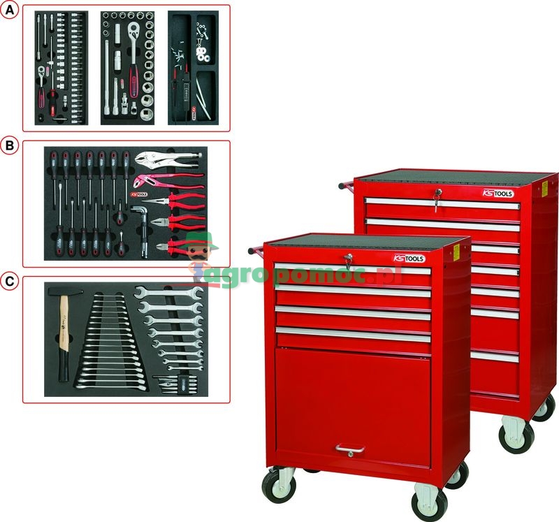 KS Tools Wózek narzędziowy BASICline STARTER, 125-el., czerwony/czarny, 7 szuflad