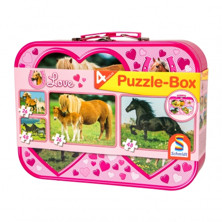 Pudełko z puzzlami w metalowej obudowie, konie, Schmidt 2 x 26, 2 x 48 elementów