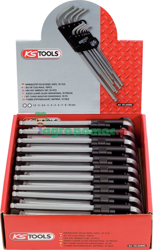KS Tools CLASSIC Kugelkopf-Innensechskant-Winkelstiftschlüssel-Display, lang, 10-tlg., 1,5-10mm