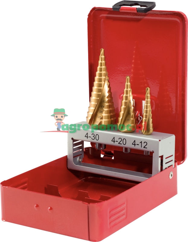 KS Tools HSS TiN Stufenbohrer-Satz in Stahlblechkasette, 3-tlg.